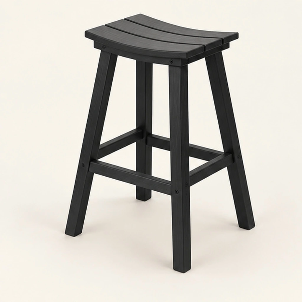 Three-Slat Saddle-Seat HDPE Bar Stool — Front-left three-quarter view