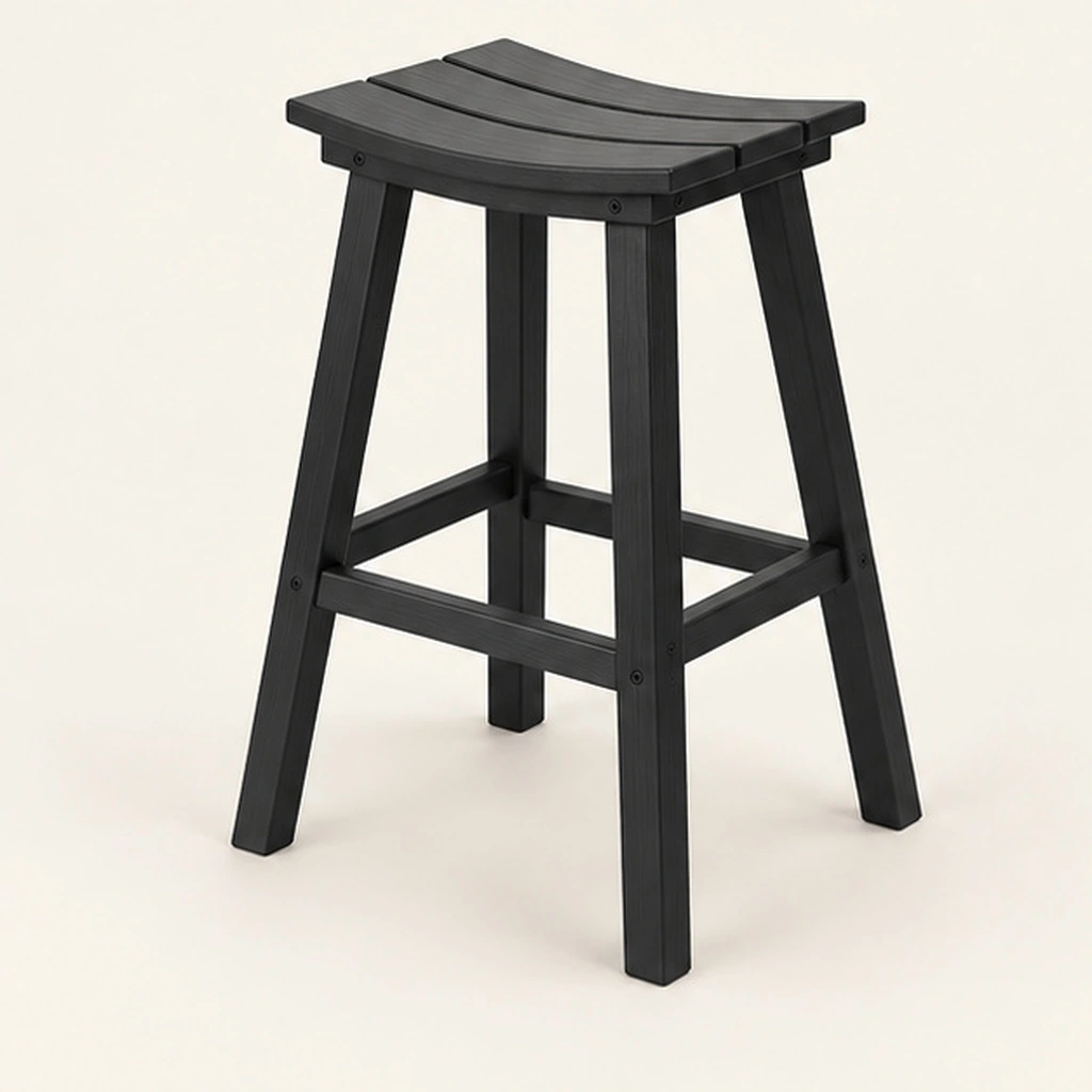 Three-Slat Saddle-Seat HDPE Bar Stool — Rear-right three-quarter view