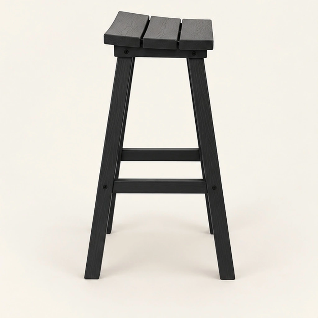 Three-Slat Saddle-Seat HDPE Bar Stool — Elevated top three-quarter view