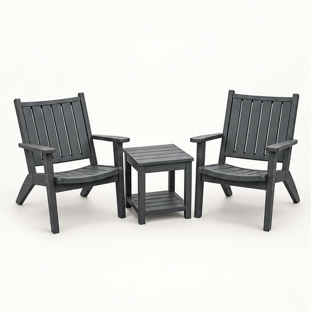 3-Piece Six-Slat HDPE Outdoor Chair and Two-Tier Side Table Set — Front-left three-quarter view