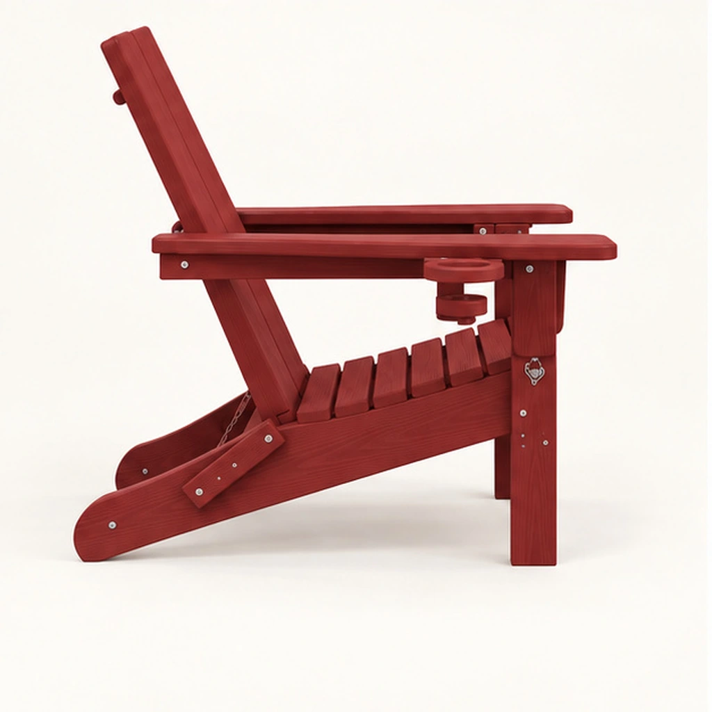 Three-Board Folding HDPE Adirondack Chair with Dual Drink Holders — Rear-right three-quarter view