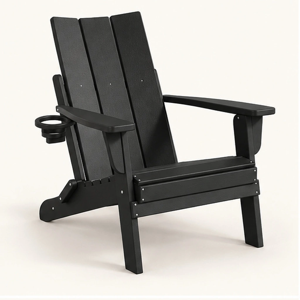 Three-Board Folding HDPE Adirondack Chair with Cup Holder — Front-left three-quarter view