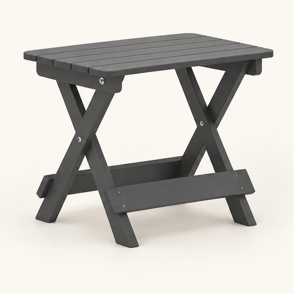 X-Frame Folding HDPE Side Table with Lower Shelf — Front-left three-quarter view