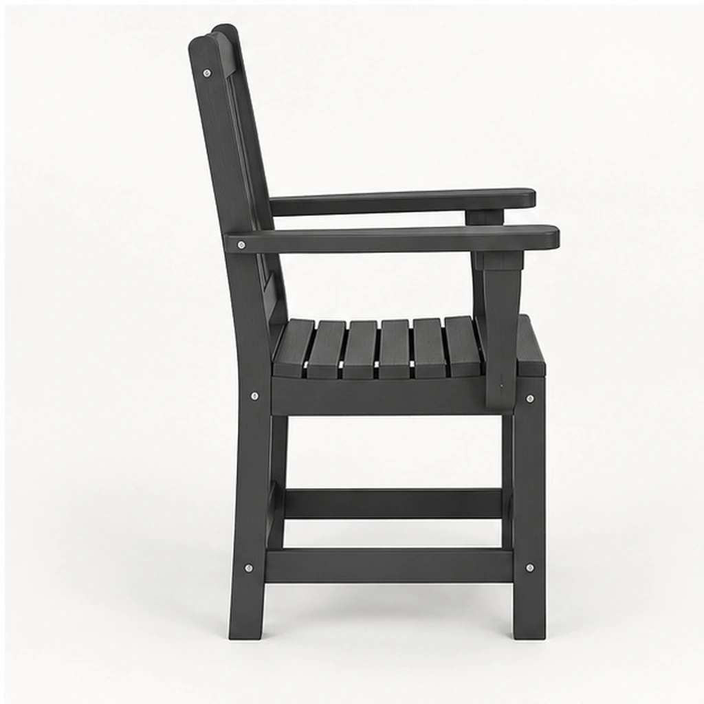Five-Slat HDPE Outdoor Dining Armchair — Elevated top three-quarter view