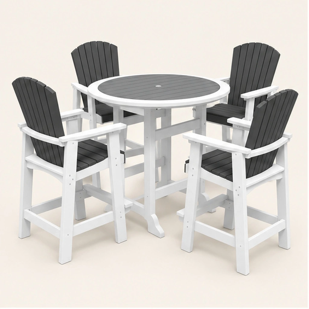 5-Piece Round HDPE Adirondack Bar-Height Dining Set — Front-left three-quarter view