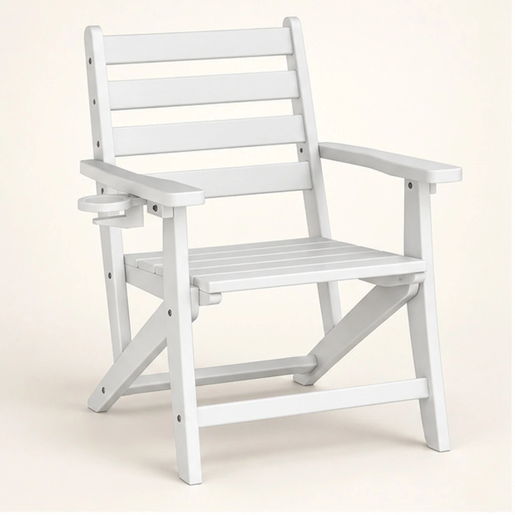 Five-Rail Folding HDPE Outdoor Dining Chair with Cup Holder — Front-left three-quarter view
