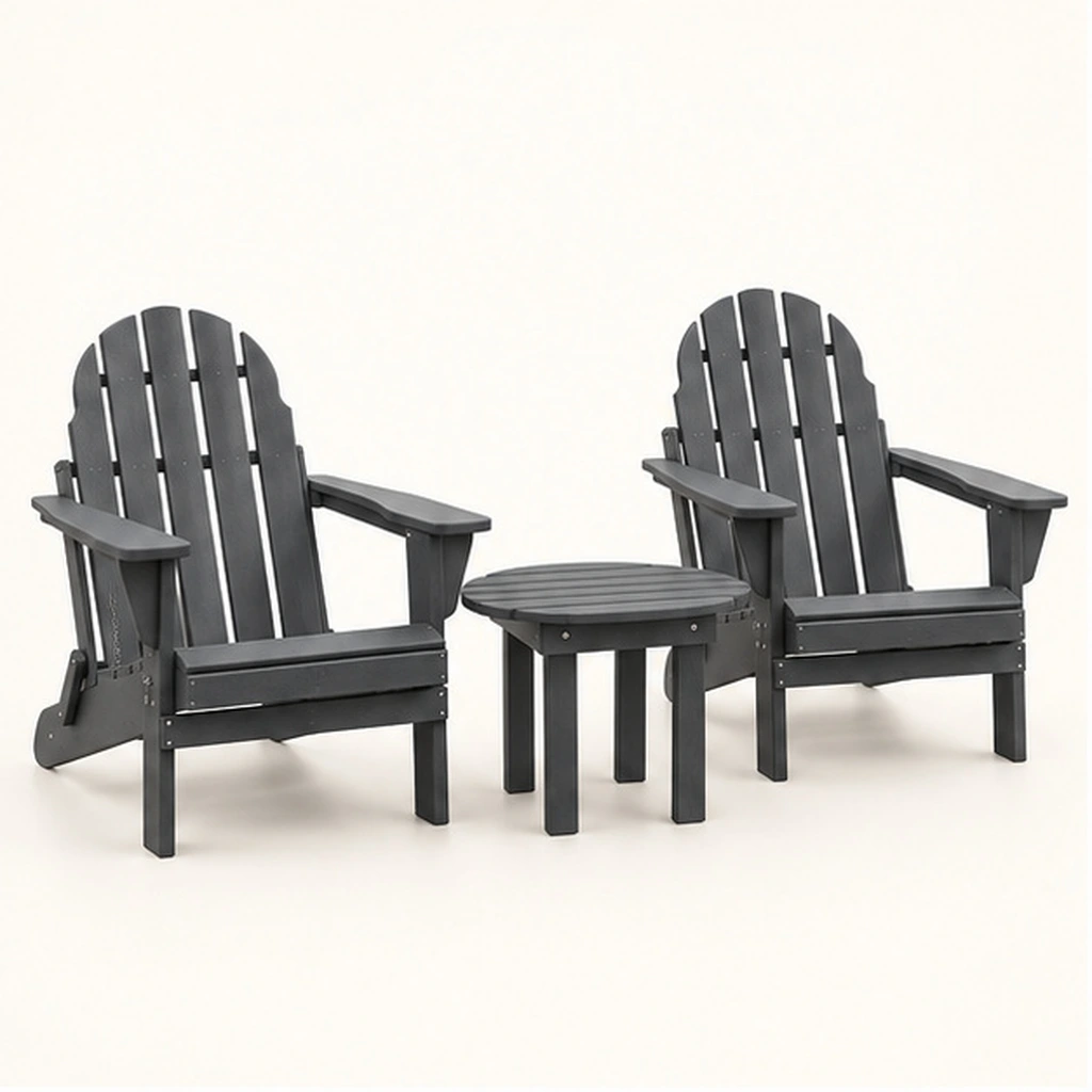 3-Piece Five-Slat Folding HDPE Adirondack Chair and Round Side Table Set — Front-left three-quarter view