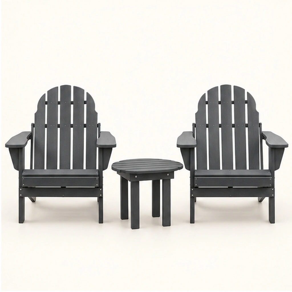 3-Piece Five-Slat Folding HDPE Adirondack Chair and Round Side Table Set — Front elevation