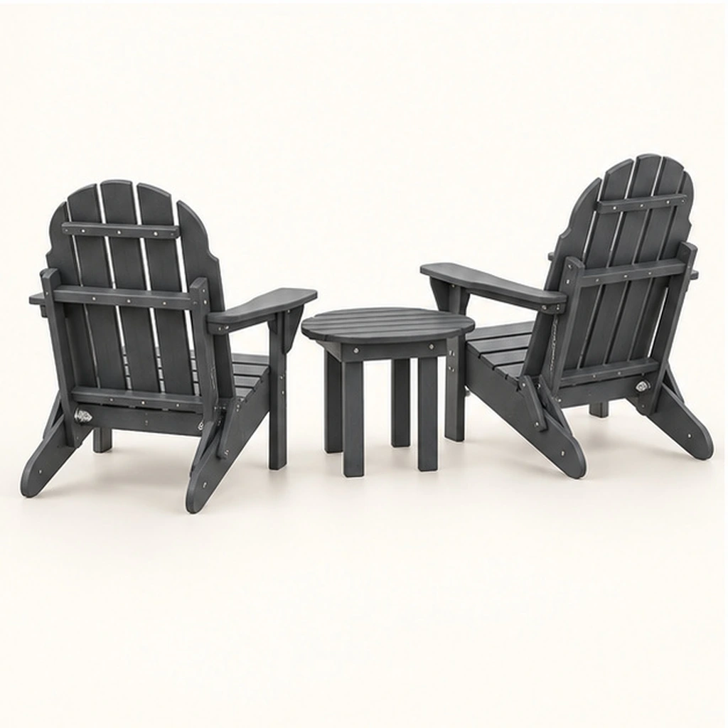 3-Piece Five-Slat Folding HDPE Adirondack Chair and Round Side Table Set — Rear-right three-quarter view