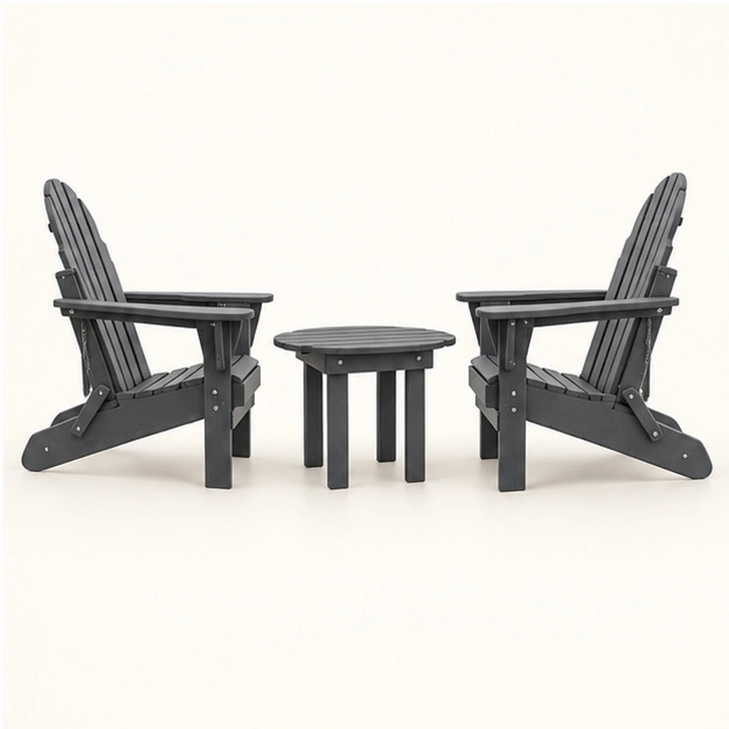 3-Piece Five-Slat Folding HDPE Adirondack Chair and Round Side Table Set — Elevated top three-quarter view