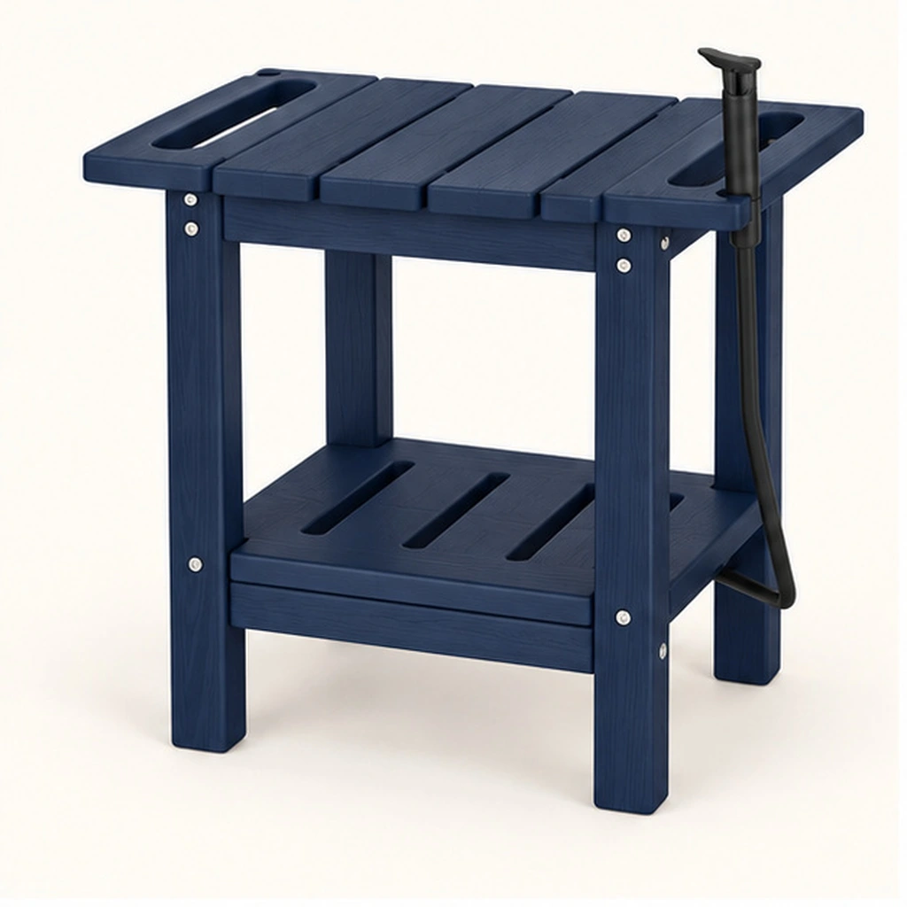 Two-Tier HDPE Outdoor Utility Table with Side Hook — Front-left three-quarter view