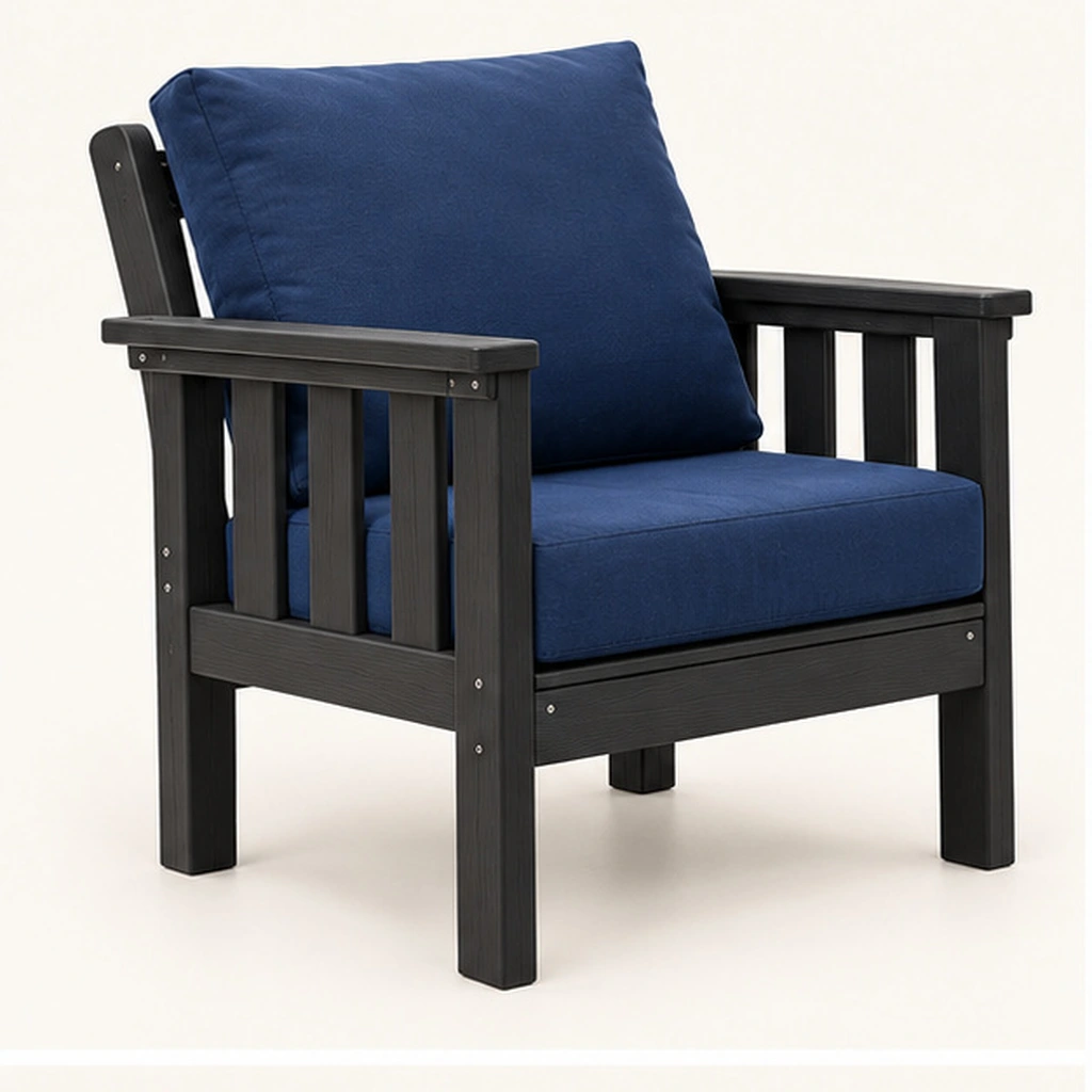Three-Slat HDPE Outdoor Lounge Armchair with Cushions — Front-left three-quarter view