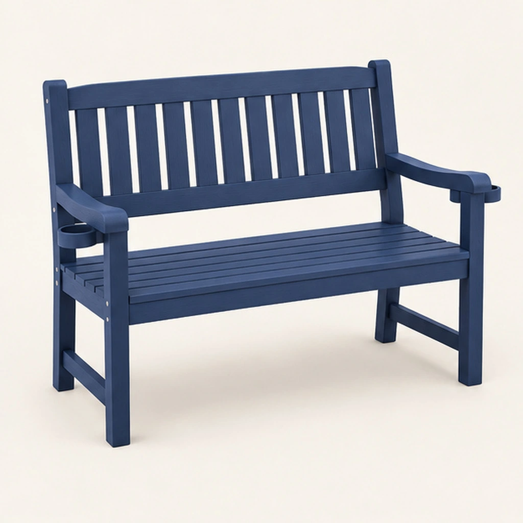 Two-Seat HDPE Garden Bench with Cup Holder — Front-left three-quarter view