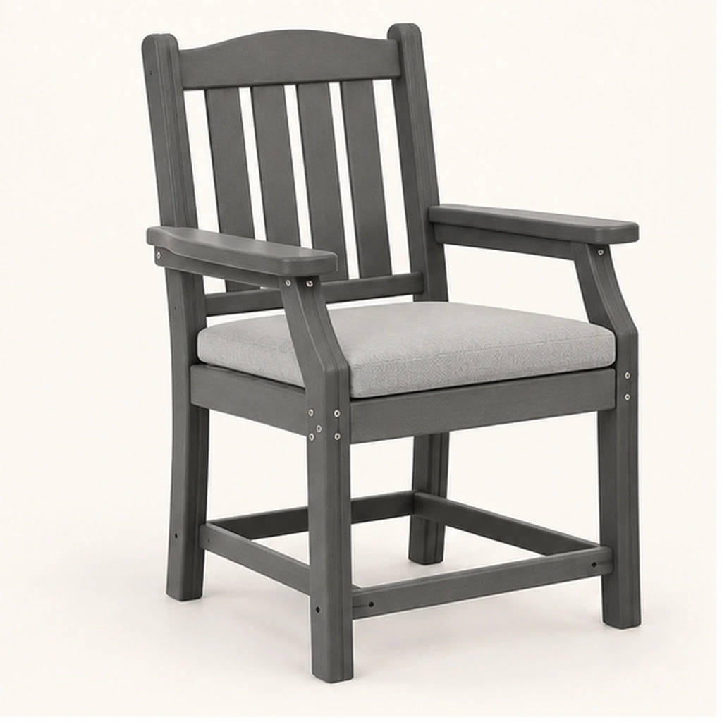 Four-Slat Cushioned HDPE Outdoor Dining Armchair — Front-left three-quarter view