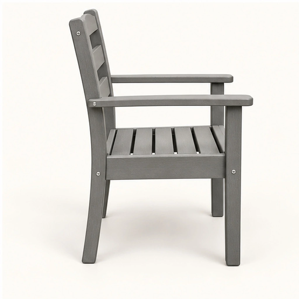 Straight Three-Rail HDPE Outdoor Dining Armchair — Elevated top three-quarter view