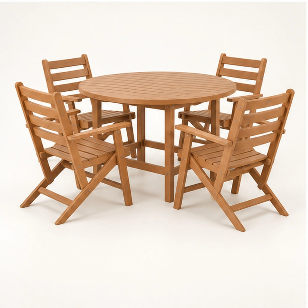 5-Piece Round Folding HDPE Outdoor Dining Set — Rear-right three-quarter view