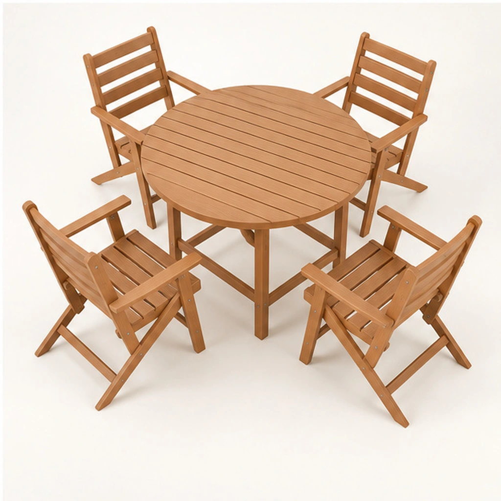 5-Piece Round Folding HDPE Outdoor Dining Set — Elevated top three-quarter view