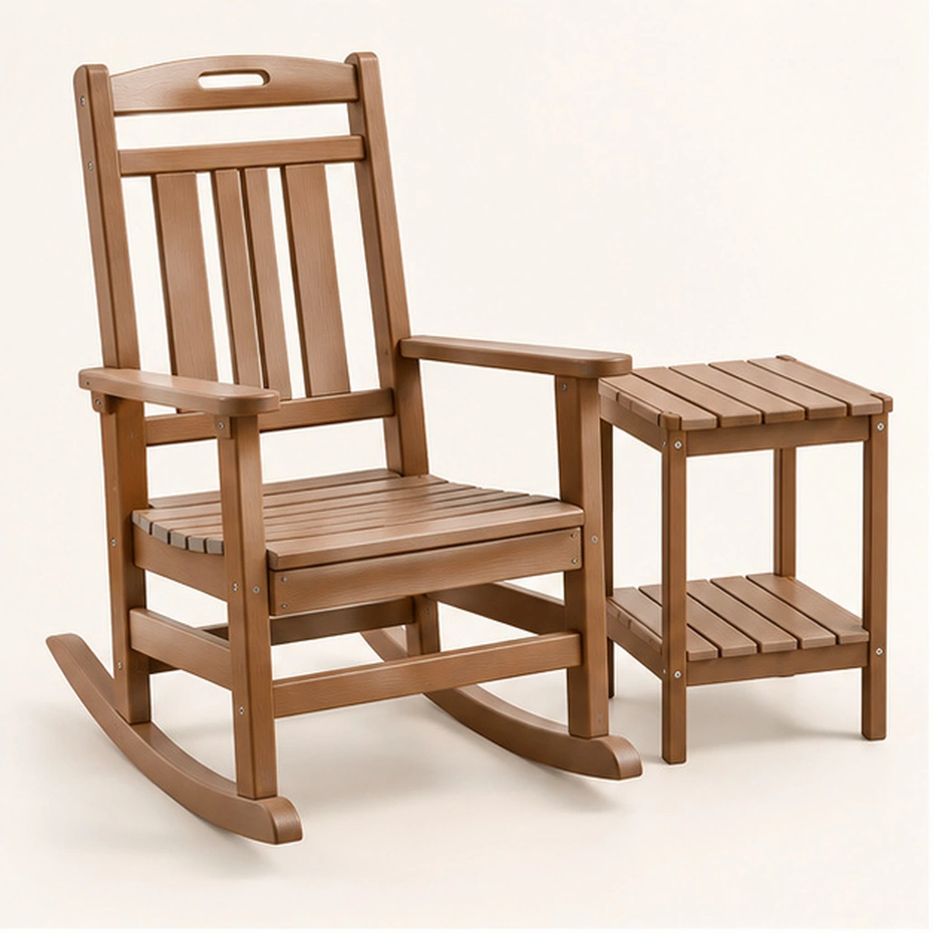 2-Piece Ladder-Back HDPE Rocking Chair and Two-Tier Side Table Set — Front-left three-quarter view