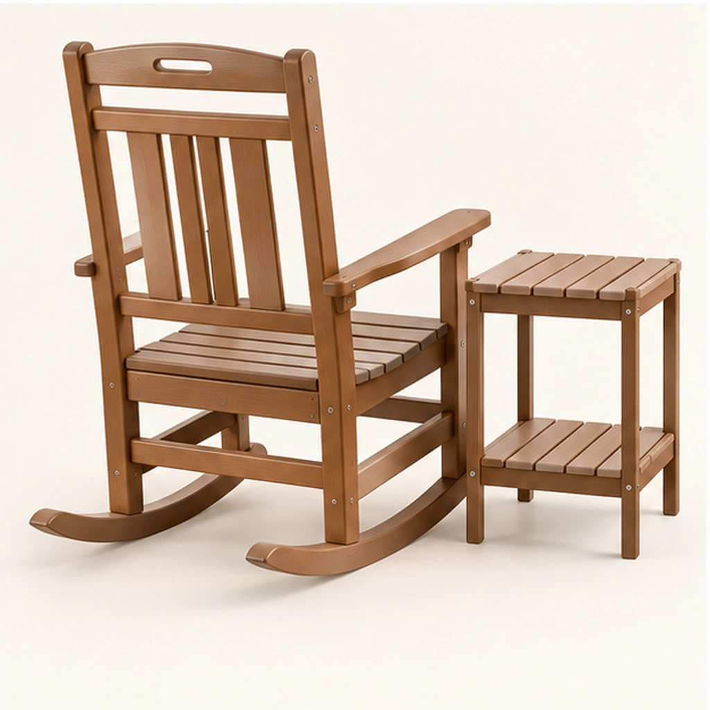 2-Piece Ladder-Back HDPE Rocking Chair and Two-Tier Side Table Set — Rear-right three-quarter view