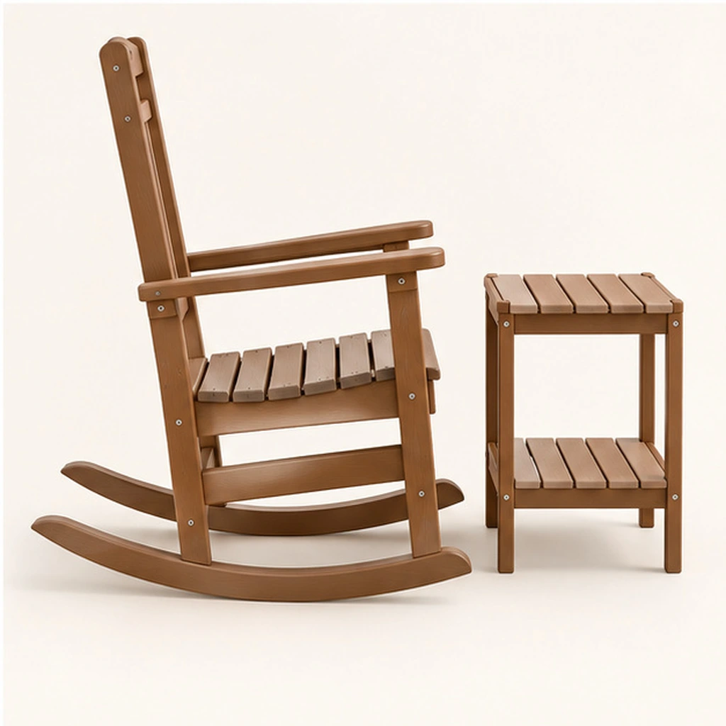2-Piece Ladder-Back HDPE Rocking Chair and Two-Tier Side Table Set — Elevated top three-quarter view