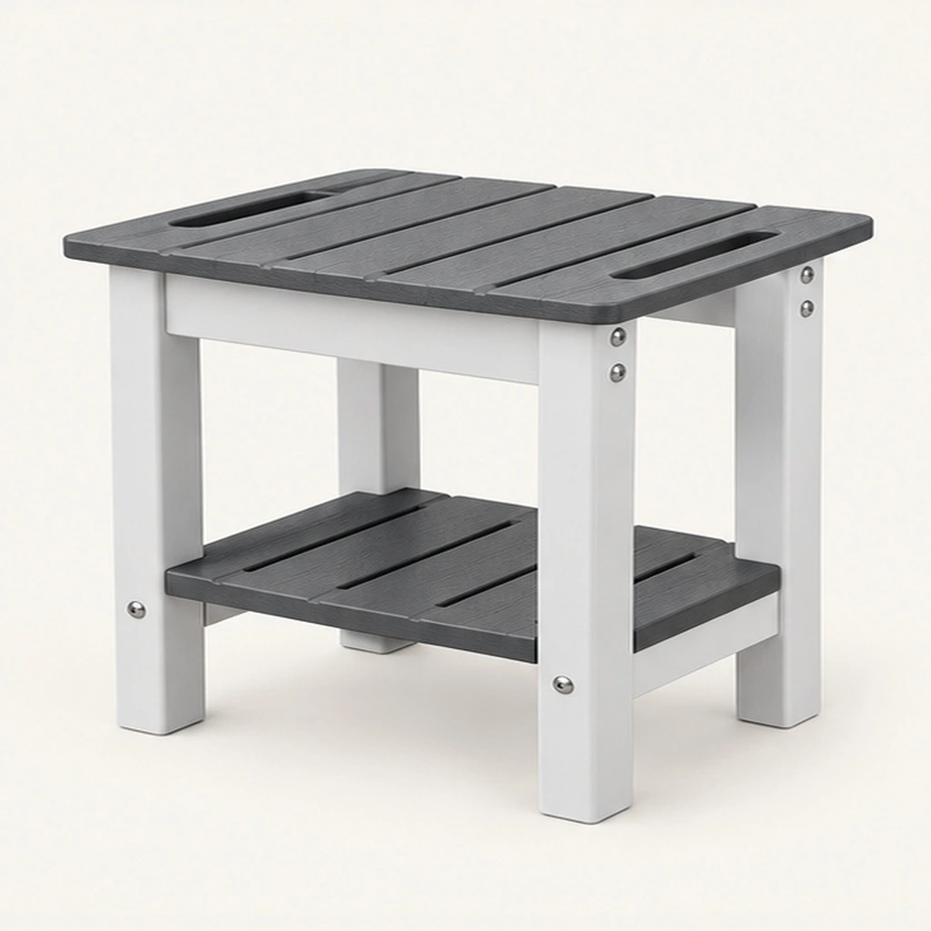 HDPE Shower Table with Storage — Front-left three-quarter view