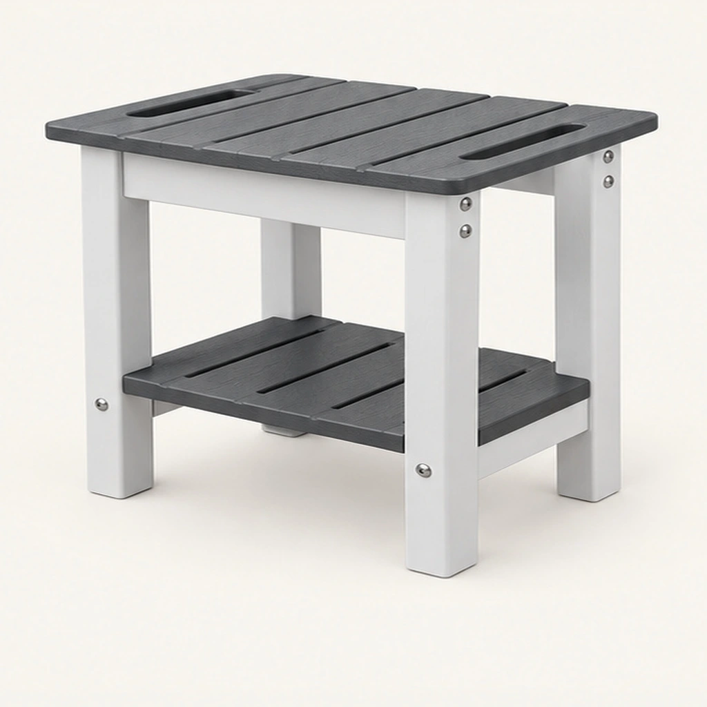 HDPE Shower Table with Storage — Rear-right three-quarter view