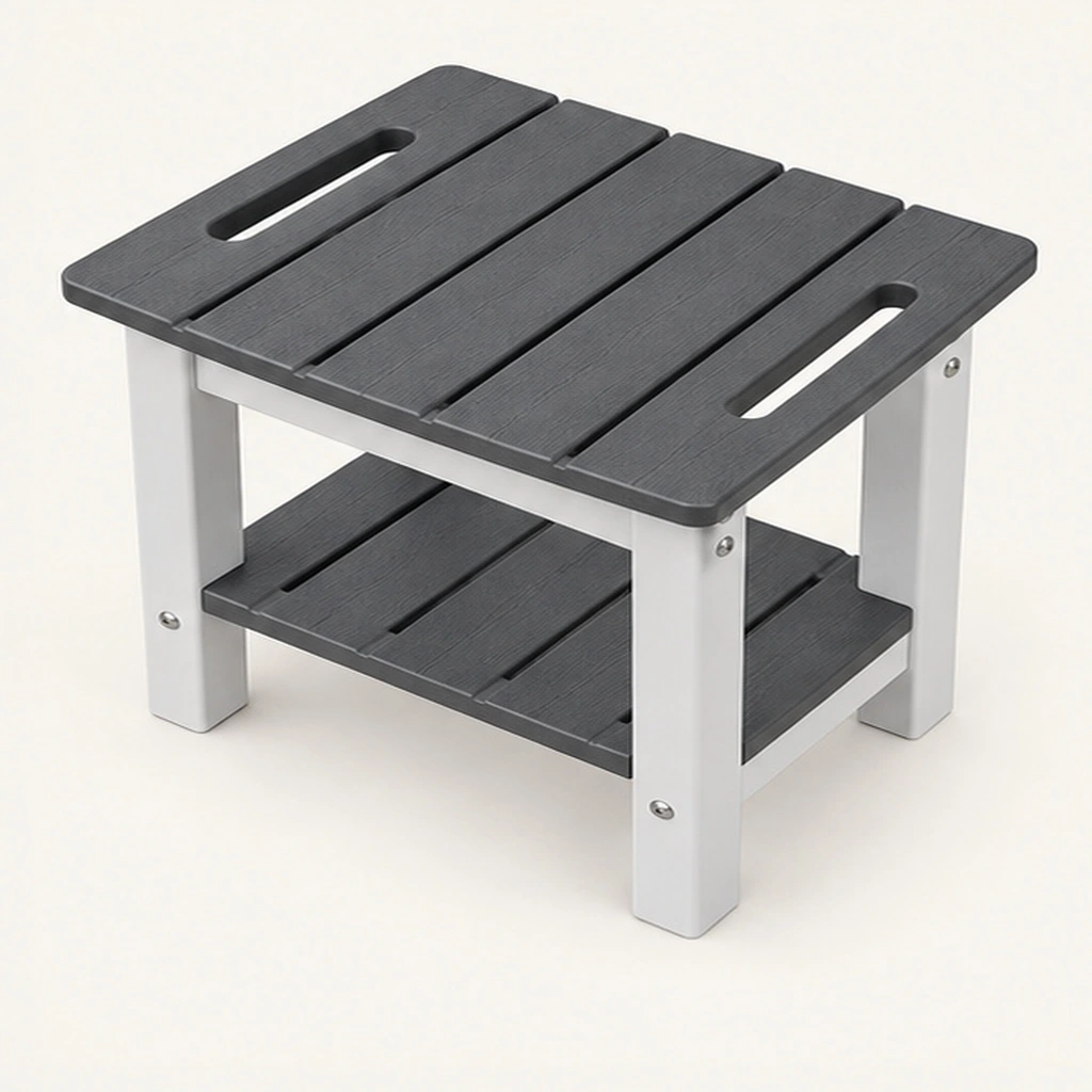 HDPE Shower Table with Storage — Elevated top three-quarter view