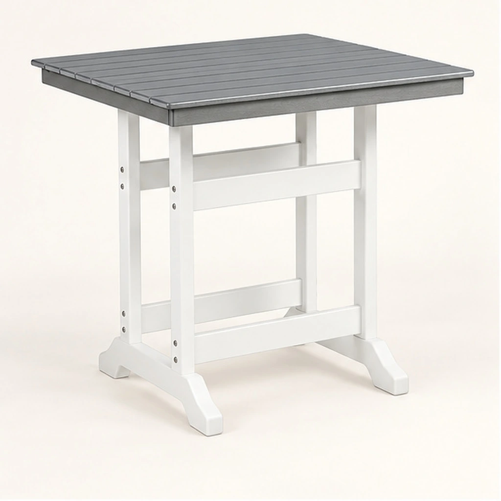 Two-Tone Square Trestle-Base HDPE Bar Table — Front-left three-quarter view