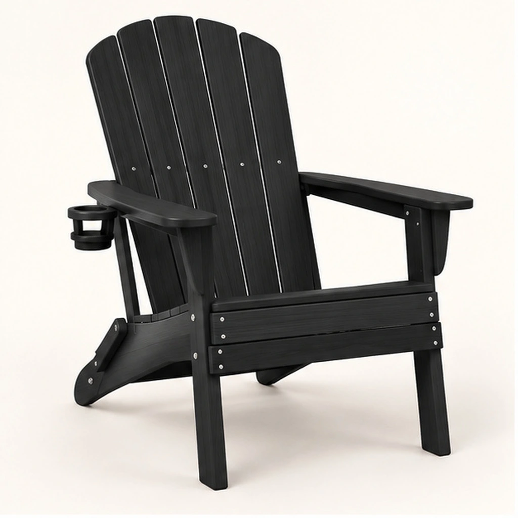 Five-Slat Folding HDPE Adirondack Chair with Cup Holder — Front-left three-quarter view
