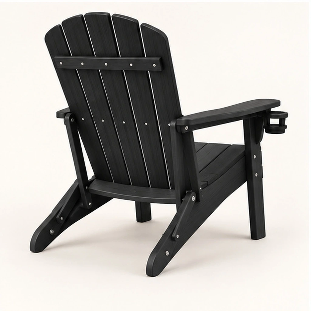 Five-Slat Folding HDPE Adirondack Chair with Cup Holder — Rear-right three-quarter view