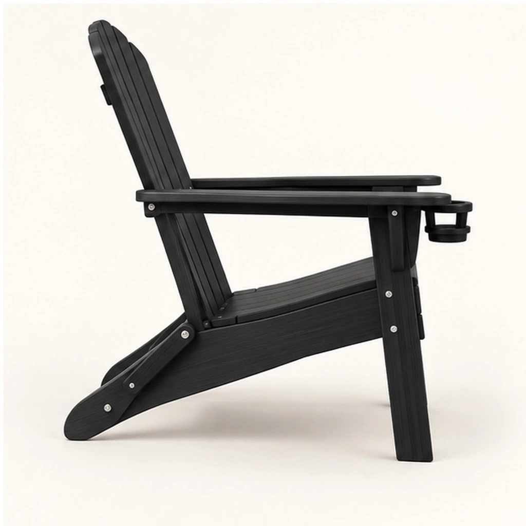 Five-Slat Folding HDPE Adirondack Chair with Cup Holder — Elevated top three-quarter view