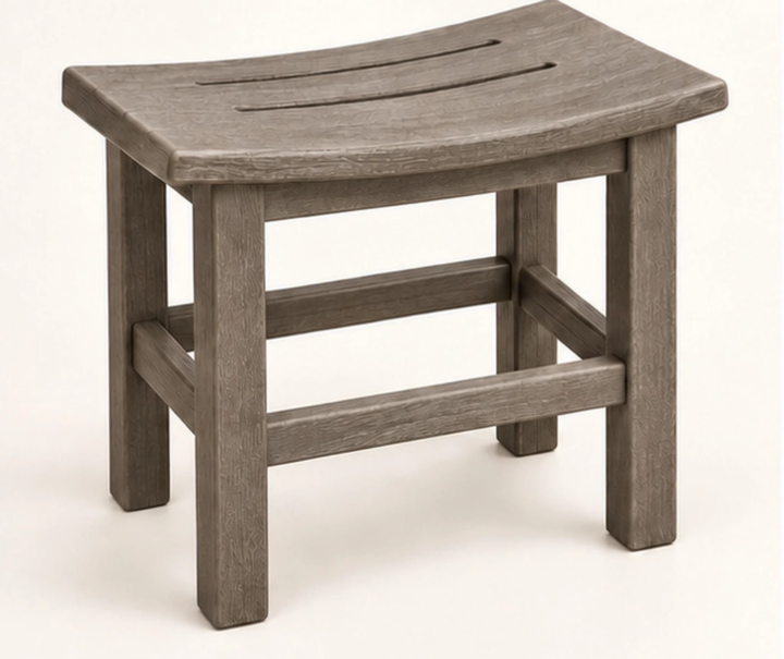 Curved-Seat HDPE Shower Stool with Drainage Slots — Front-left three-quarter view
