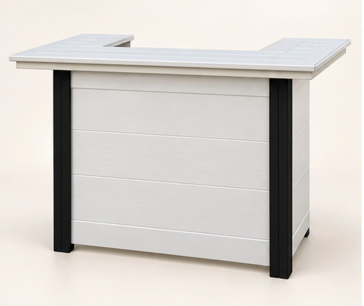 U-Shaped HDPE Outdoor Bar Counter with Two Open Shelves — Front-left three-quarter view