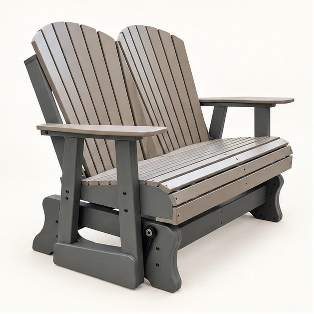 Two-Seat Eight-Slat HDPE Adirondack Glider Loveseat — Front-left three-quarter view