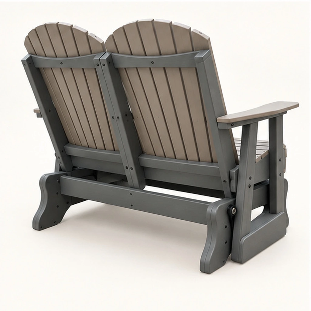 Two-Seat Eight-Slat HDPE Adirondack Glider Loveseat — Rear-right three-quarter view