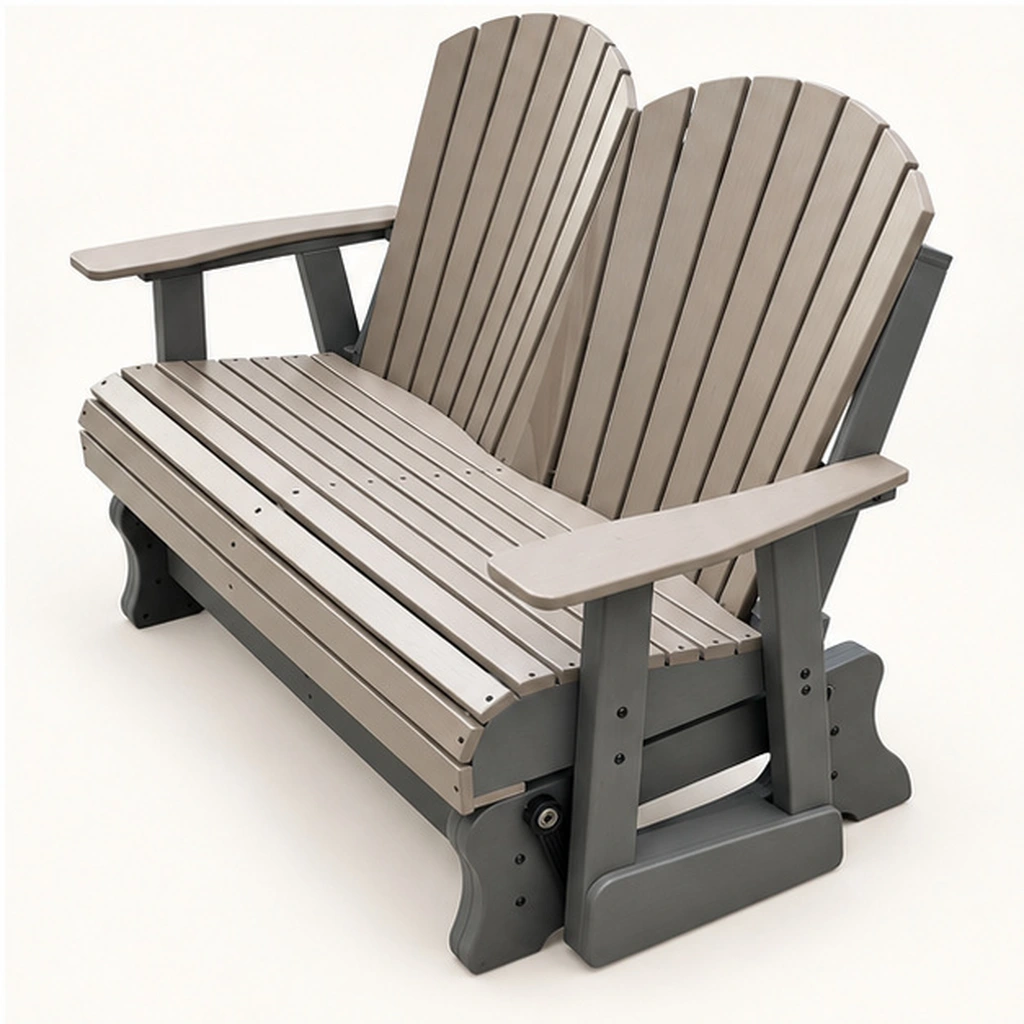 Two-Seat Eight-Slat HDPE Adirondack Glider Loveseat — Elevated top three-quarter view