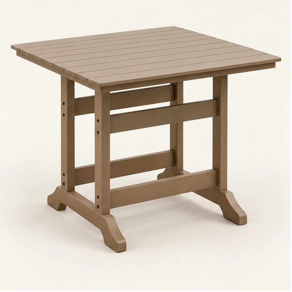 Square Trestle-Base HDPE Dining Table — Front-left three-quarter view