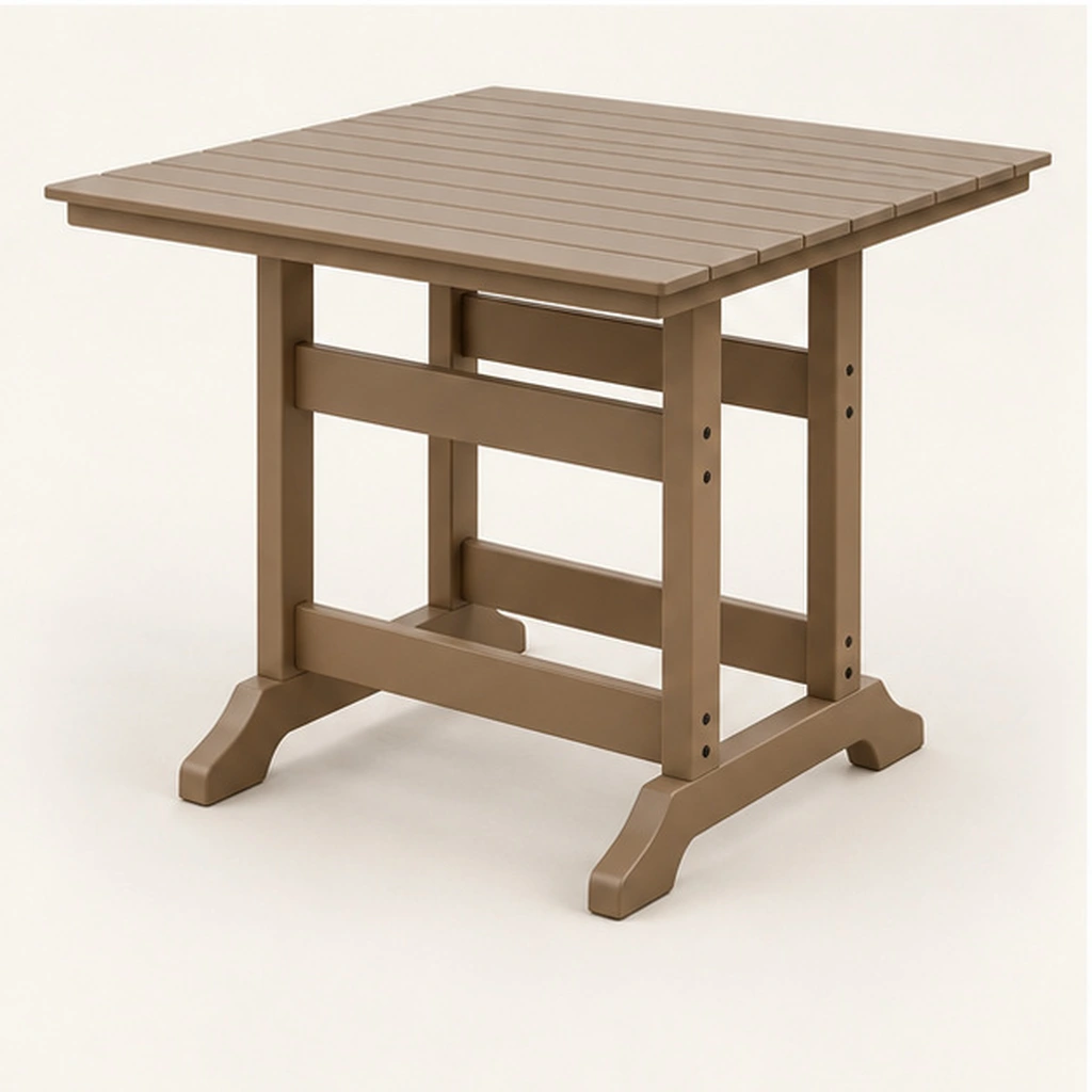 Square Trestle-Base HDPE Dining Table — Rear-right three-quarter view