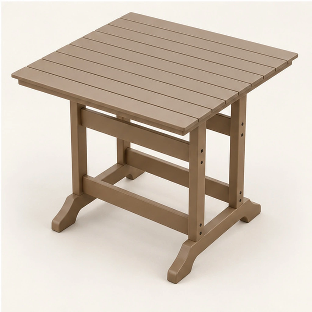 Square Trestle-Base HDPE Dining Table — Elevated top three-quarter view