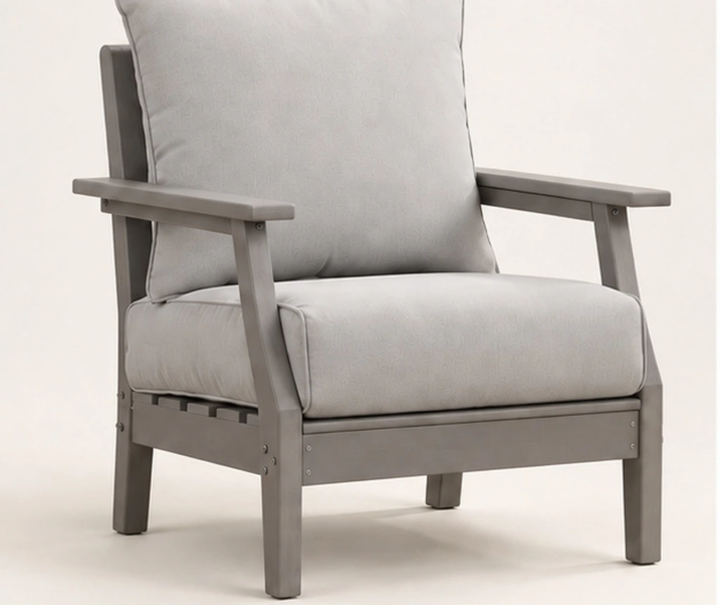 M802 Single-Seat Cushioned HDPE Outdoor Lounge Armchair — Front-left three-quarter view