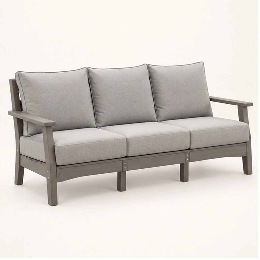 M802 Three-Seat Cushioned HDPE Outdoor Sofa — Front-left three-quarter view
