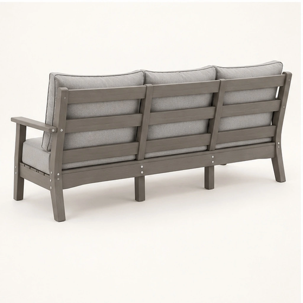 M802 Three-Seat Cushioned HDPE Outdoor Sofa — Rear-right three-quarter view
