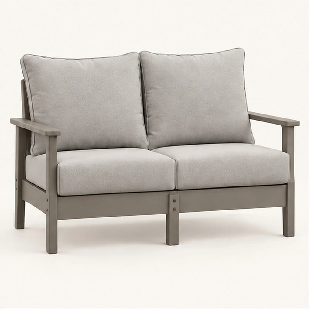 Two-Seat Modular Cushioned HDPE Outdoor Sofa — Front-left three-quarter view