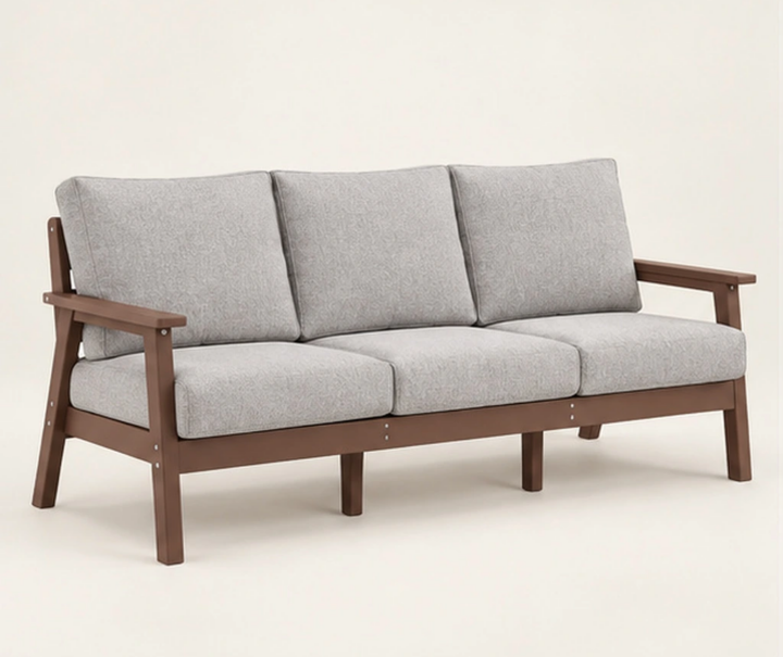 M420 Three-Seat Cushioned HDPE Outdoor Sofa — Front-left three-quarter view