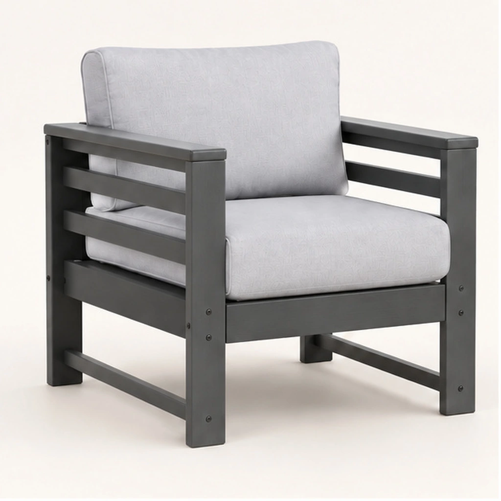 Single-Seat Three-Rail Cushioned HDPE Outdoor Armchair — Front-left three-quarter view
