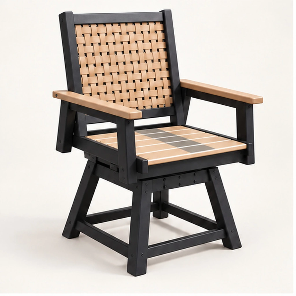 Woven-Back HDPE Swivel Outdoor Dining Chair — Front-left three-quarter view