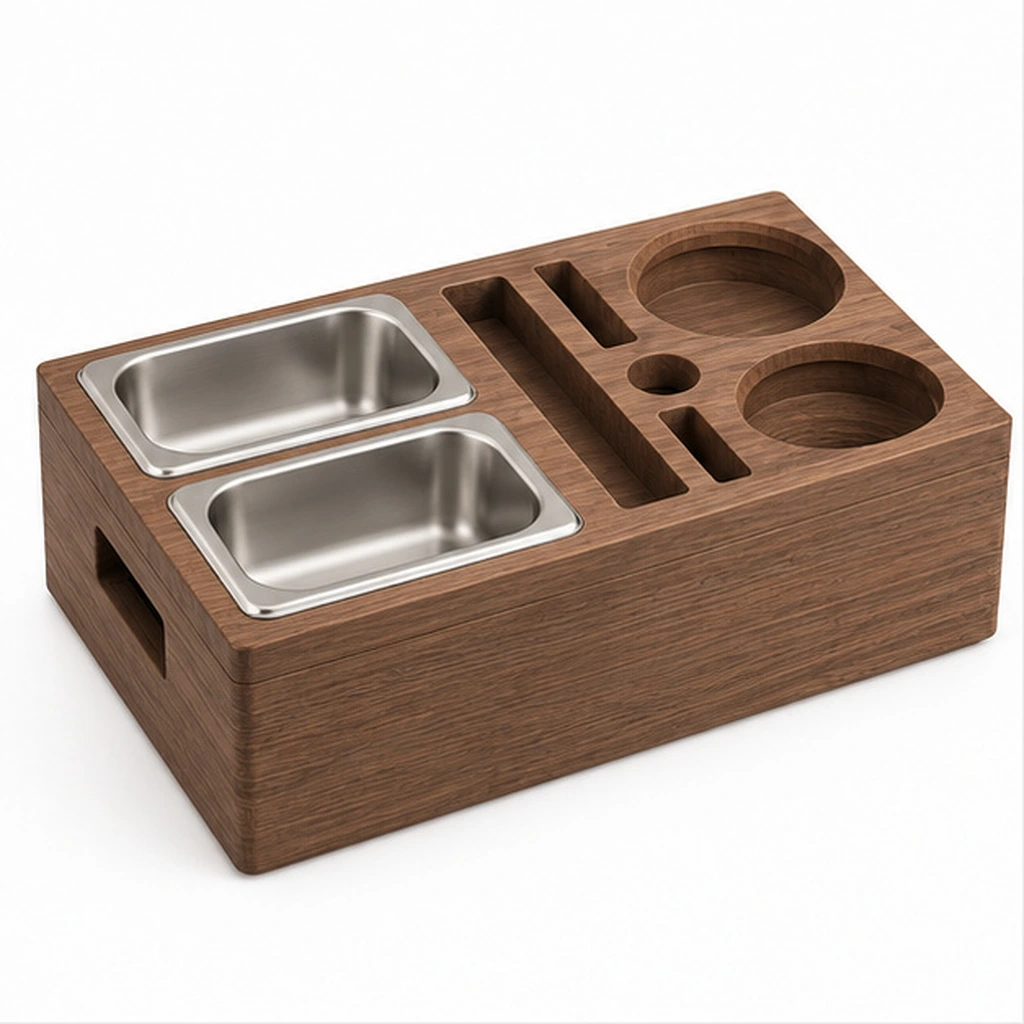 HDPE Couch-Arm Organizer Caddy with Dual Stainless Trays — Front-left three-quarter view