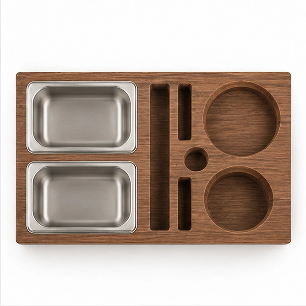 HDPE Couch-Arm Organizer Caddy with Dual Stainless Trays — Front elevation