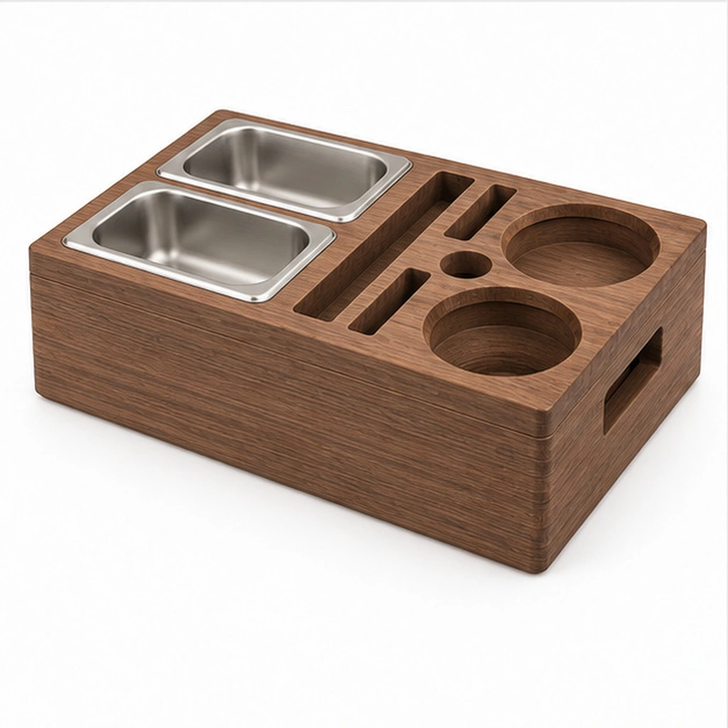 HDPE Couch-Arm Organizer Caddy with Dual Stainless Trays — Rear-right three-quarter view