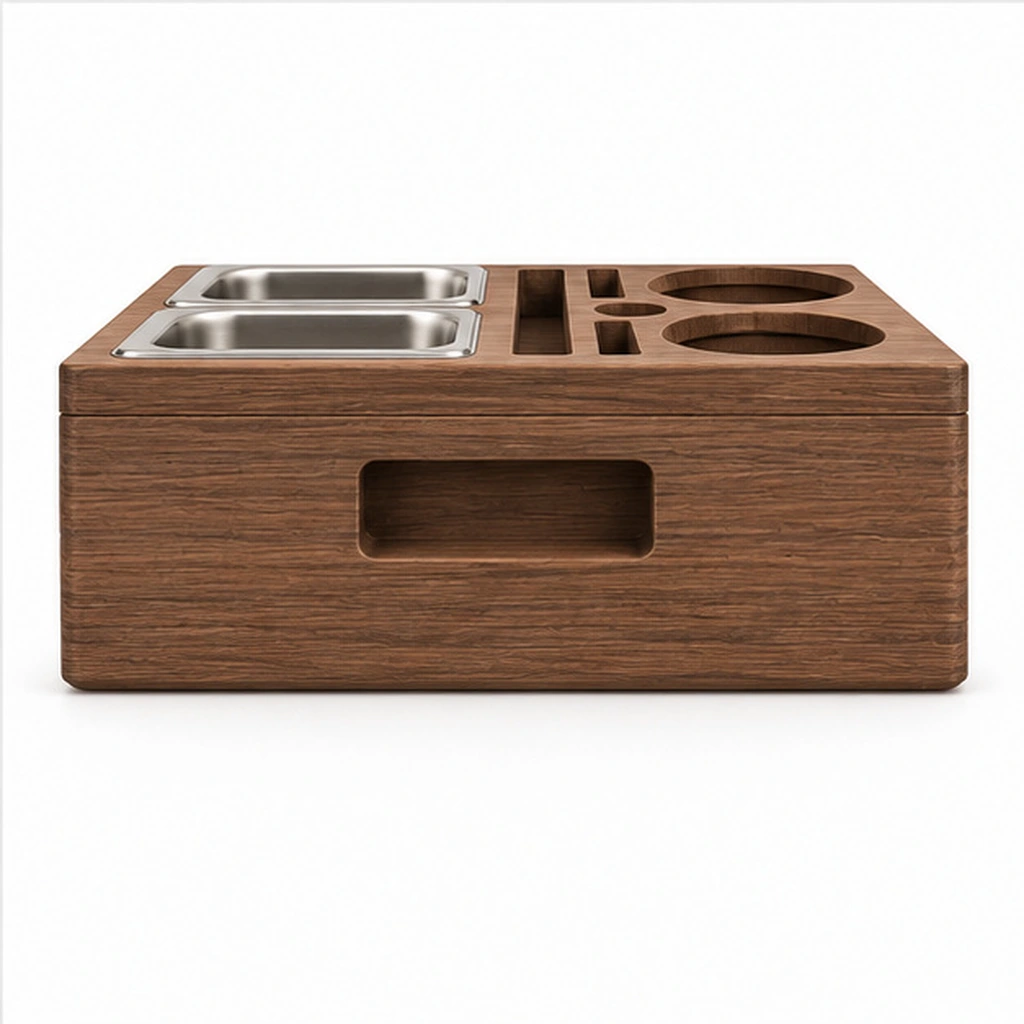 HDPE Couch-Arm Organizer Caddy with Dual Stainless Trays — Elevated top three-quarter view